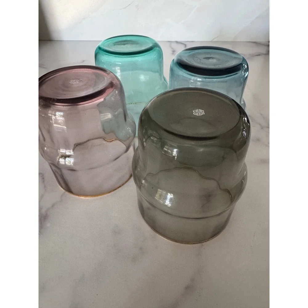 Set of 4 Stackable Colored Glass Tumblers with Gold Rim Mixed Jewel Tone Colors‎